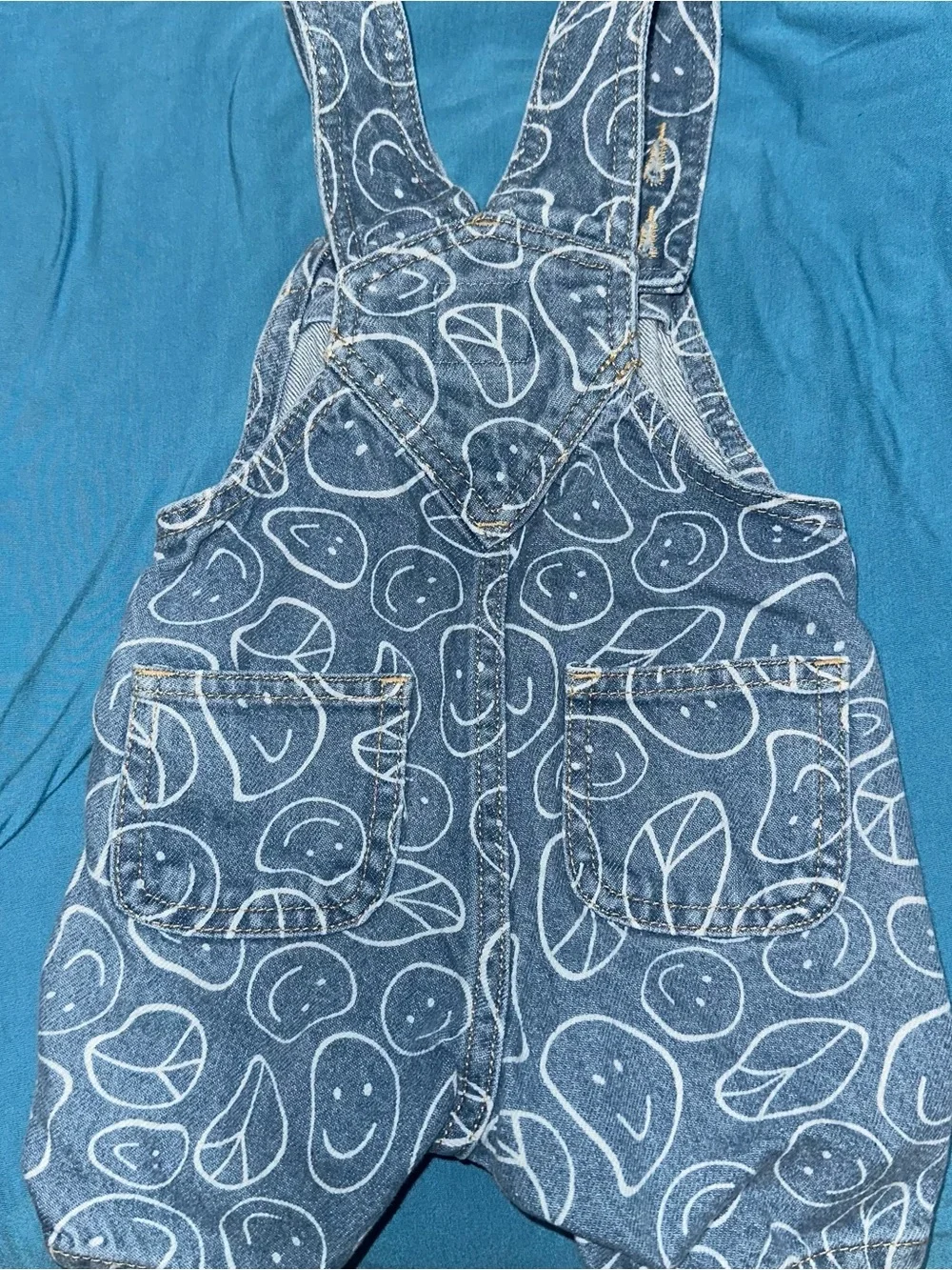 Old Navy Blue Denim Smiley & Leaf Print Short Overalls for Kids